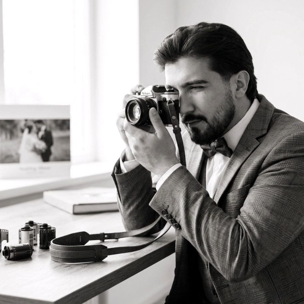 Aydin Genn, Hochzeitsfotograf aus Herten im Ruhrgebiet, mit Kamera bei der Arbeit
